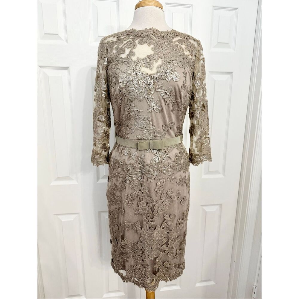 BHLDN Tadashi Shoji Sequin Lace Illusion Sheath Dress Champagne Taupe 8 Bow Belt